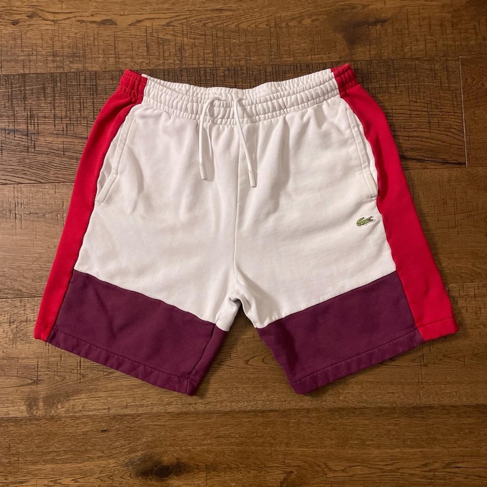 Lacoste Sweatshorts Mens L White Red Burgundy Preppy Colorblock Fleece Shorts
